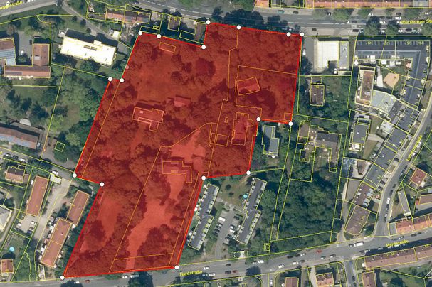 Luftbild des Hirschmann-Parks mit dem Bebauungsplan-Bereich Luftbild des Hirschmann Parks in Fürth